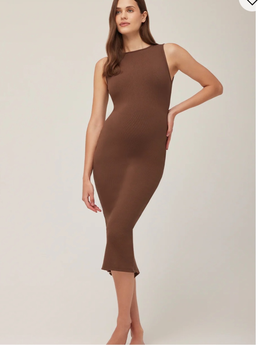 Bumpsuit Sculpting Rib Midi Dress. Brown. Sleeveless. Slit. Size Small. NWT